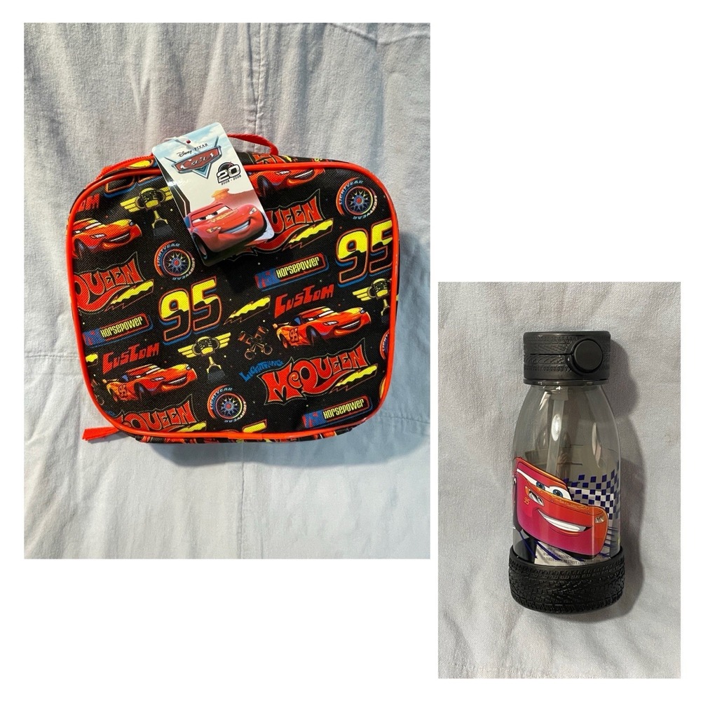 NEW Disney 12.8oz Tires Plastic Water Bottle & Lunch Box - Lightning McQueen